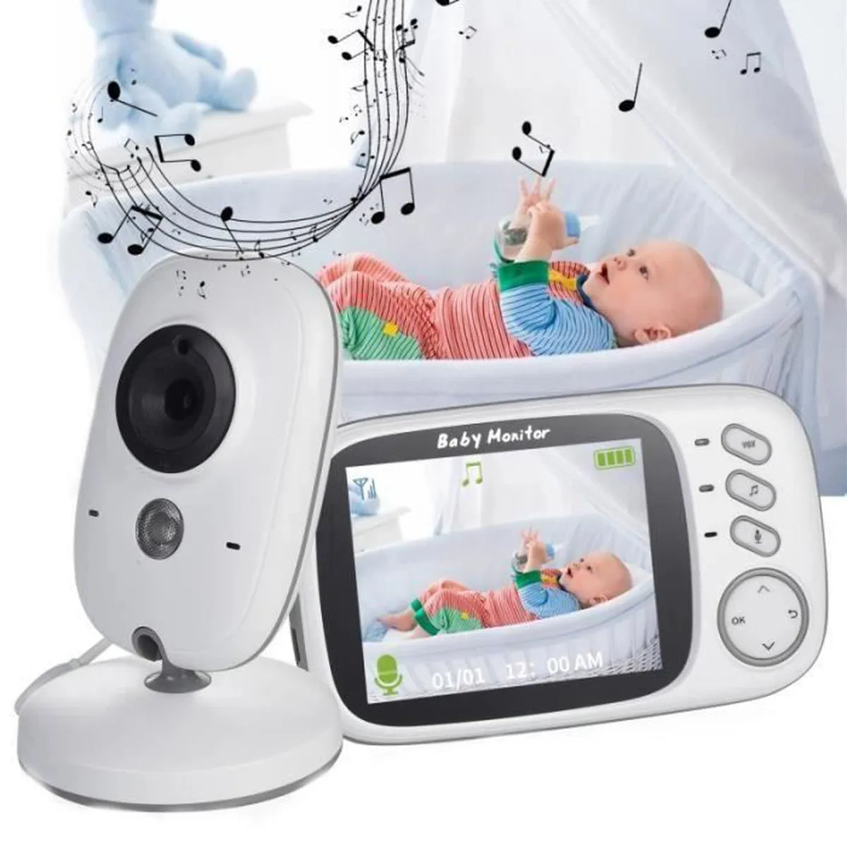 BabyView Caméra de Surveillance Bébé | Écran Couleur 3.2" – Vision Nocturne, Audio Bidirectionnel & Berceuses